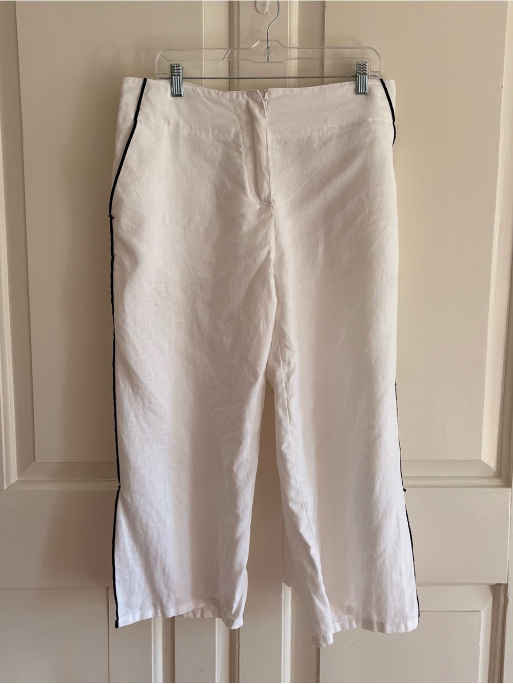 John Paul Richard White Linen Wide Leg Cropped Pants Black Piping Size 12